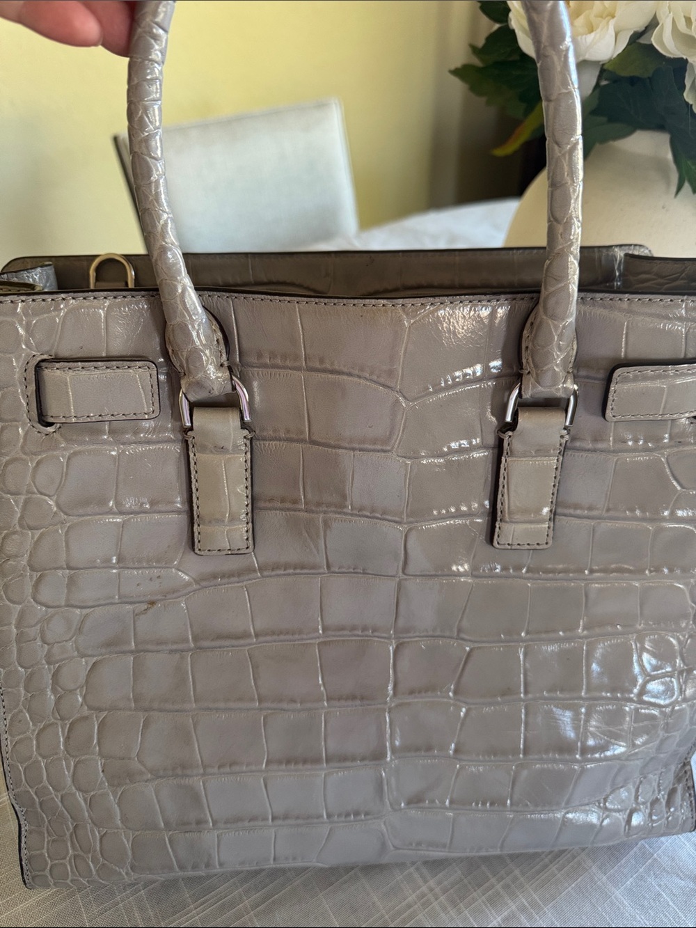 Michael Kors Croc-Embossed Gray Leather Tote with silver Hardware - Picture 4 of 6